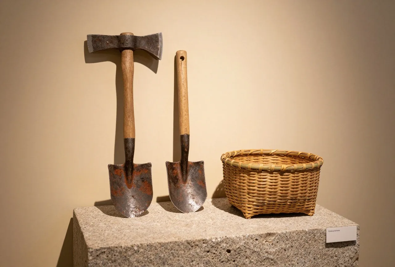 Spitzhacke, Schaufel mit langem Stiel, Handbohrer und ein geflochtener Tragekorb aus Bambus auf einem rauen Granitblock vor einer schlichten Wand, weiches Museumslicht