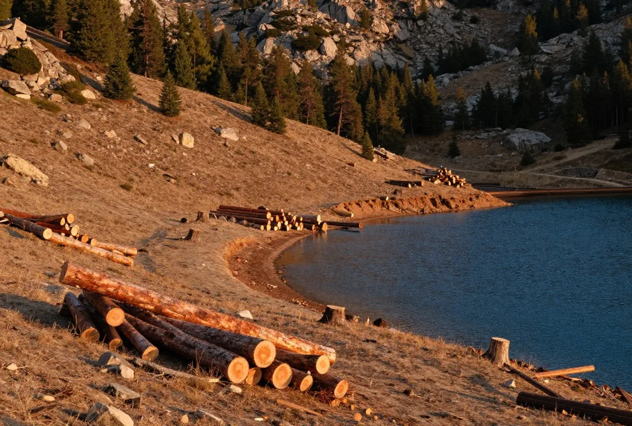 Bewaldeter Berghang über einem tiefblauen Bergsee in der Sierra Nevada, am trockenen Hang frisch geschlagene Stämme und Baumstümpfe im Abendlicht