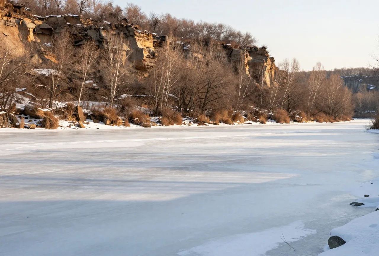 Verschneite Flussaue im Winter unter einem steilen Hang, kahle Pappeln am zugefrorenen Ufer, blasses Licht am späten Nachmittag