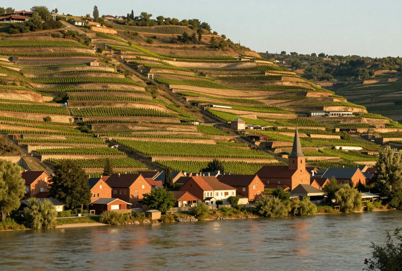 Weinberg an einem Hang über dem Tal des Missouri, darunter Backsteinhäuser einer kleinen Stadt im warmen Abendlicht