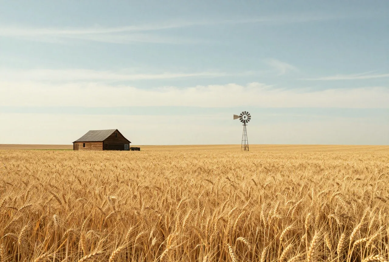 Reifes Weizenfeld auf der Prärie von Kansas mit einem einfachen Holzfarmhaus und einer Windmühle am Horizont unter weitem Himmel