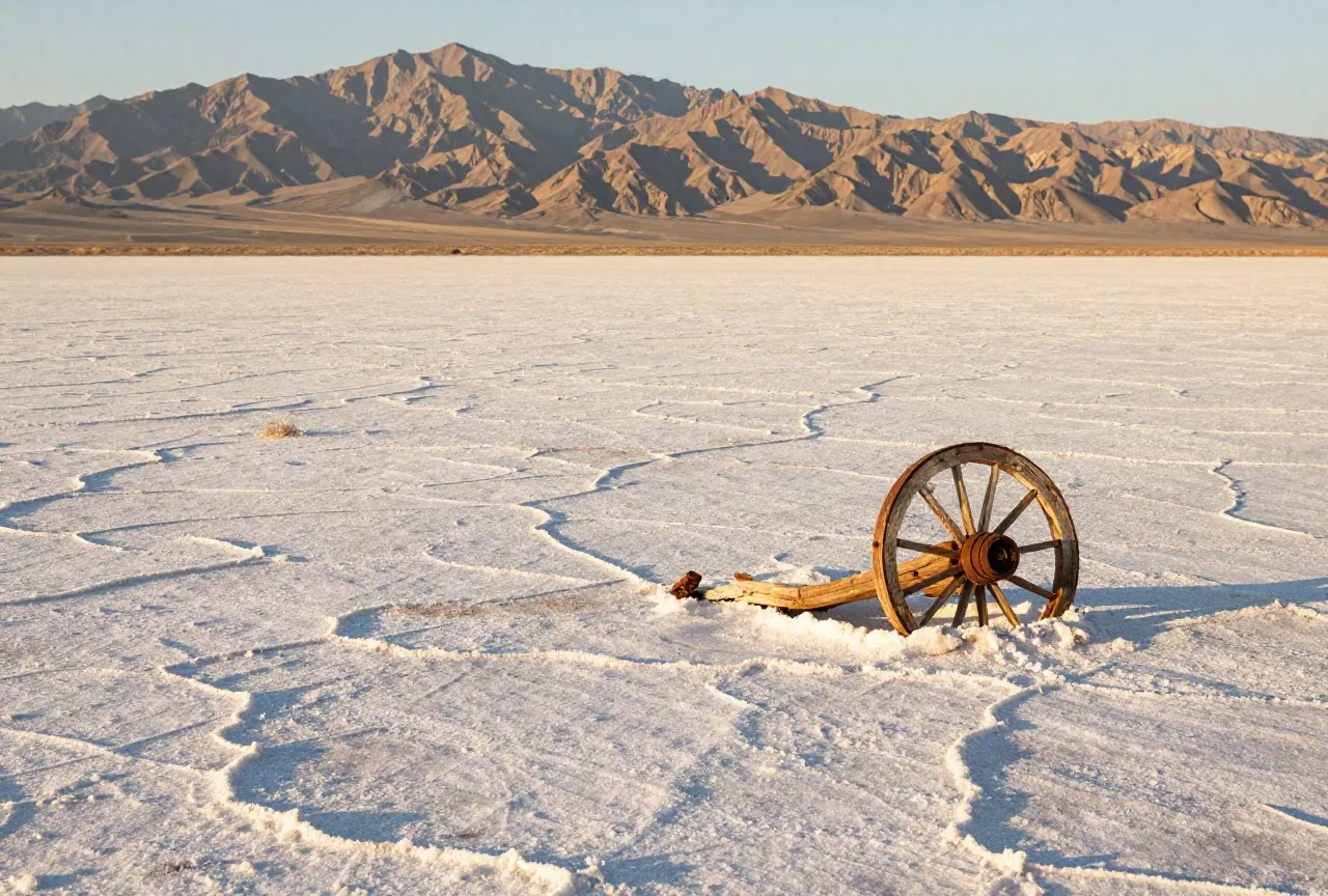 Weiße Salzkruste der Great Salt Lake Desert mit schwachen Wagenspuren und einem halb eingesunkenen hölzernen Wagenrad, kahle Berge am Horizont im Nachmittagslicht
