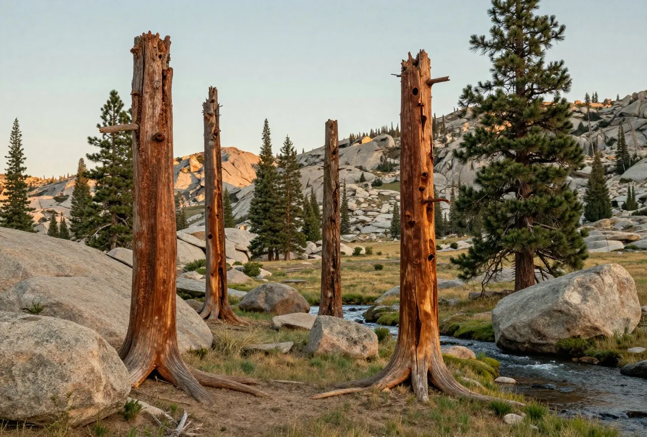 Hohe, verwitterte Baumstümpfe zwischen lebenden Kiefern auf einer Bergwiese der Sierra Nevada, Granitblöcke und ein kleiner Bach im Nachmittagslicht