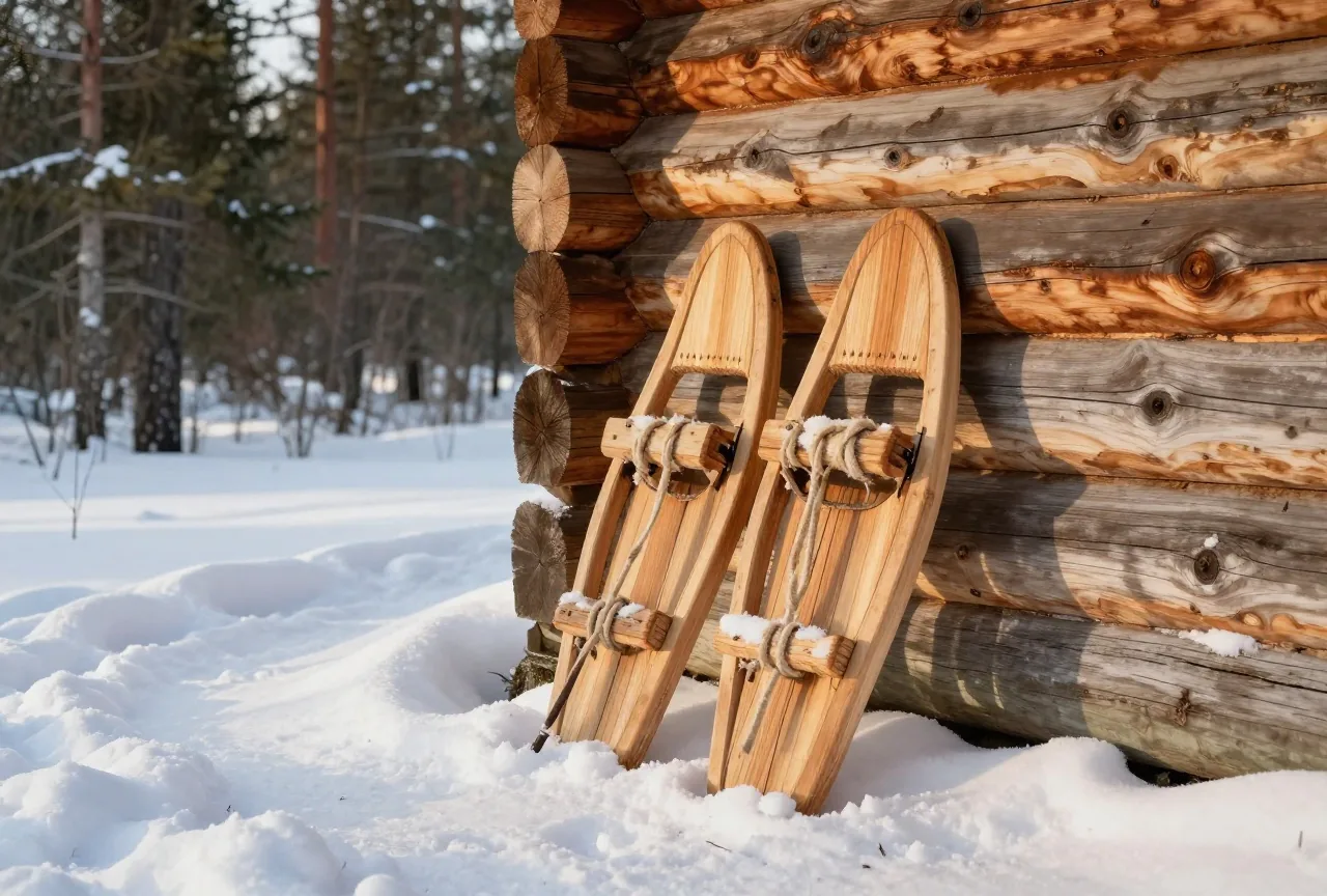 Ein Paar alte, handgefertigte Schneeschuhe aus Holz mit Rohlederbespannung an der rauen Blockwand einer kleinen Hütte, tiefer Neuschnee und Kiefern in tief stehender Wintersonne