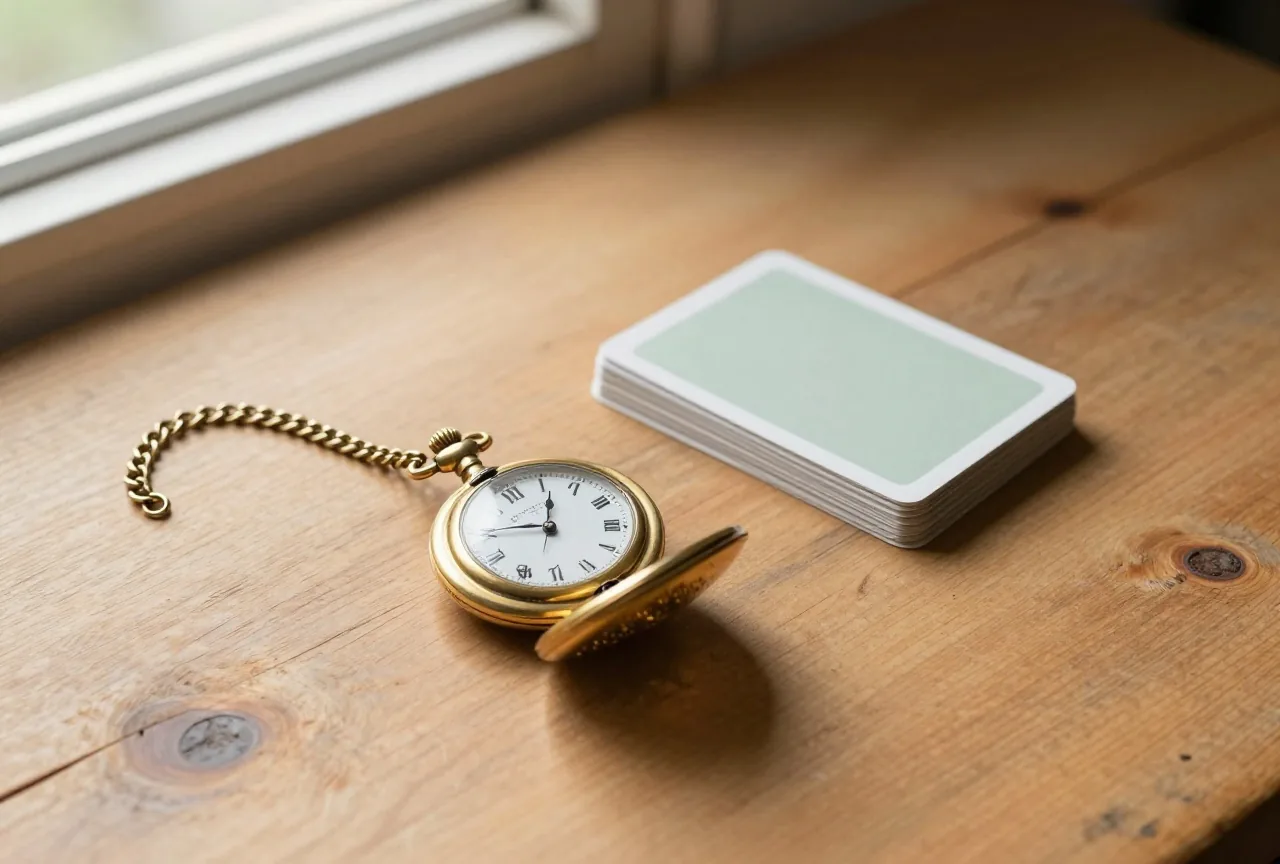 Goldene Taschenuhr mit Kette neben verdeckten Spielkarten auf einem abgenutzten Holztisch im warmen Licht der späten Nachmittagssonne