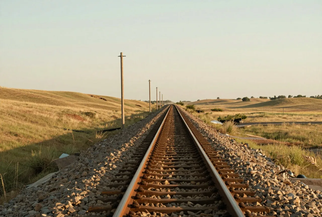 Schnurgerade Eisenbahnschienen auf Holzschwellen führen durch eine weite, leicht gewellte Graslandschaft zum Horizont, daneben eine Reihe hölzerner Telegrafenmasten im Licht der späten Nachmittagssonne