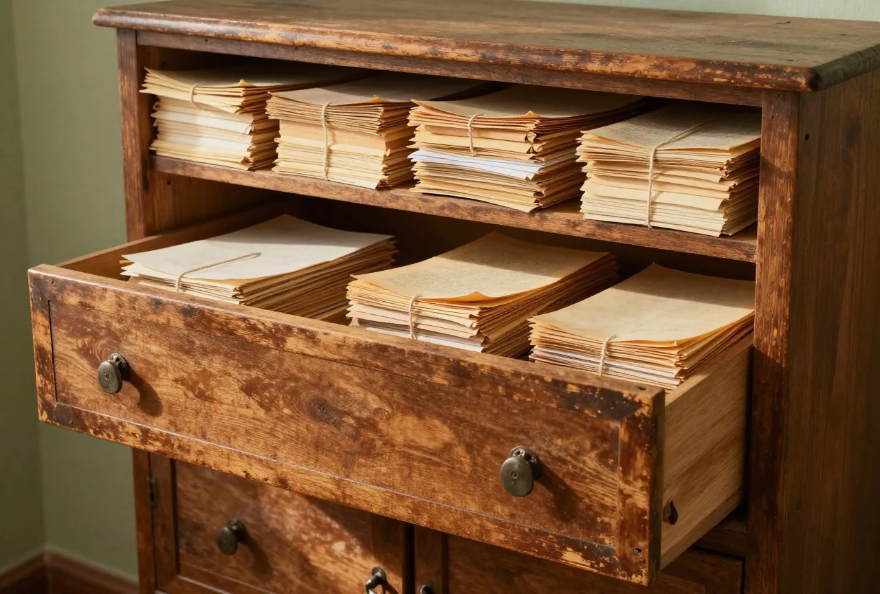 Hölzerner Aktenschrank mit offenen Schubladen voller gefalteter, verschnürter Papierbündel ohne lesbare Schrift in einem stillen Archivraum mit warmem Seitenlicht