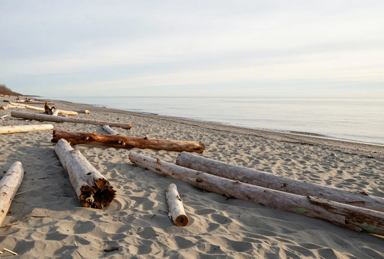 Weiter Strand an einer kalten nördlichen Küste mit grauem Sand und Treibholz unter hellem Himmel