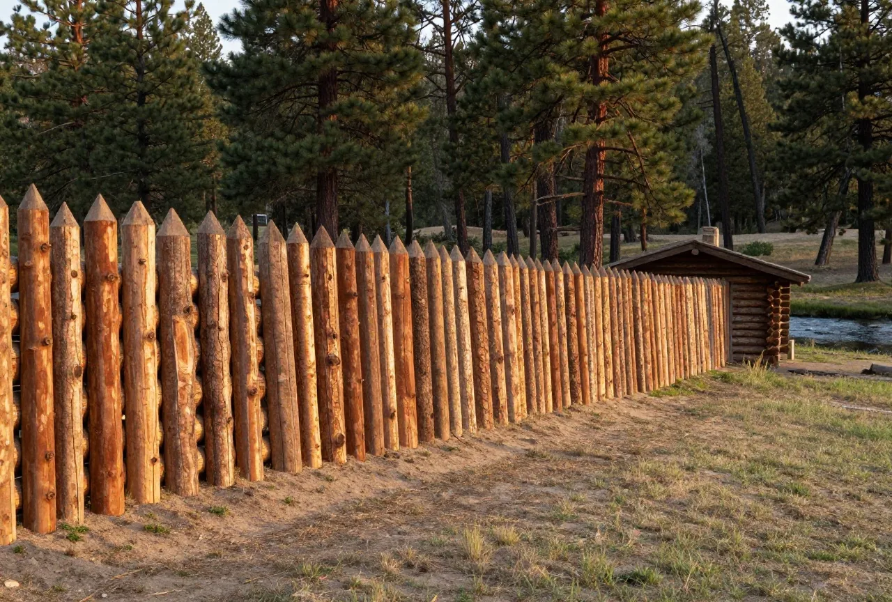 Nachgebaute Palisade aus senkrechten, angespitzten Kiefernstämmen mit einer kleinen Blockhütte darin, auf einer Wiese an einem Bach zwischen Ponderosa-Kiefern, Licht der späten Nachmittagssonne