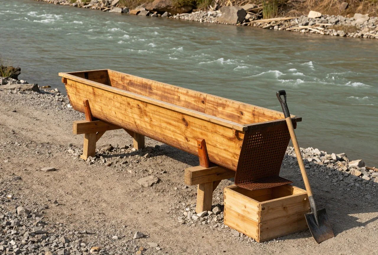 Langer hölzerner Waschtrog mit gelochtem Eisenblech am unteren Ende auf einer Kiesbank an einem Gebirgsfluss, daneben zwei Schaufeln und eine Hacke im warmen Nachmittagslicht