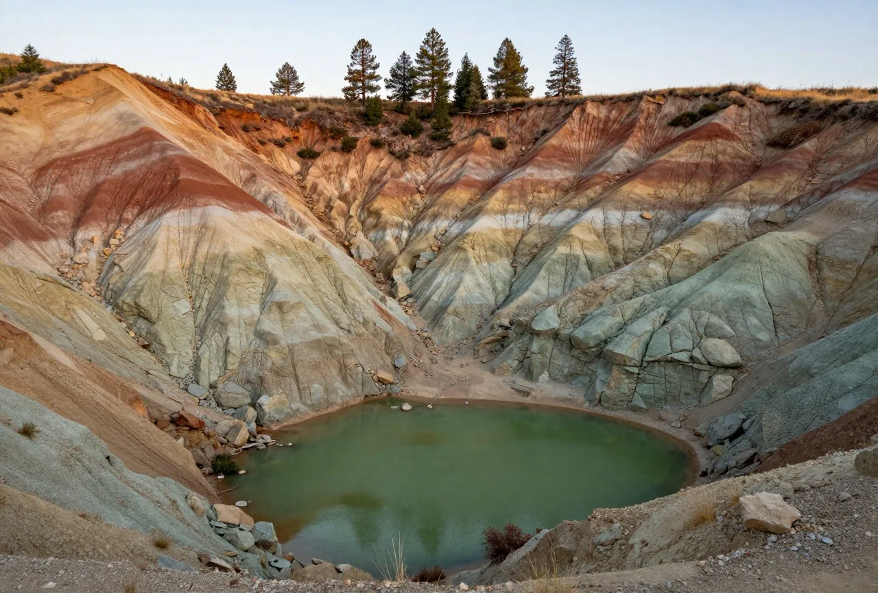 Steile, farbig gebänderte Kieswände einer alten hydraulischen Goldmine über einem kleinen grünen Teich, Kiefern am Rand im Abendlicht