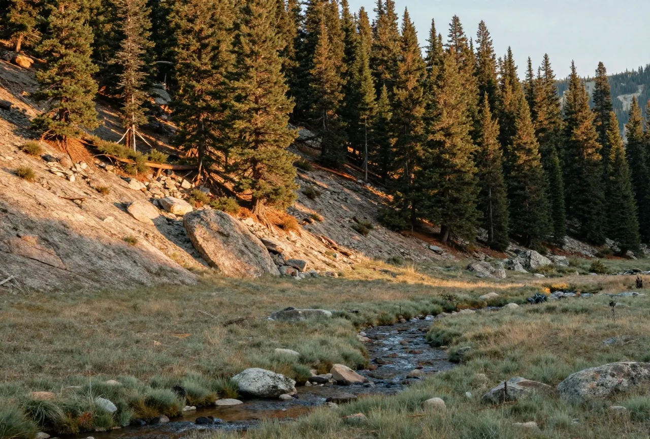 Hänge mit Ponderosa-Kiefern über einer Bergwiese mit klarem Bach in den Black Hills, warmes Nachmittagslicht