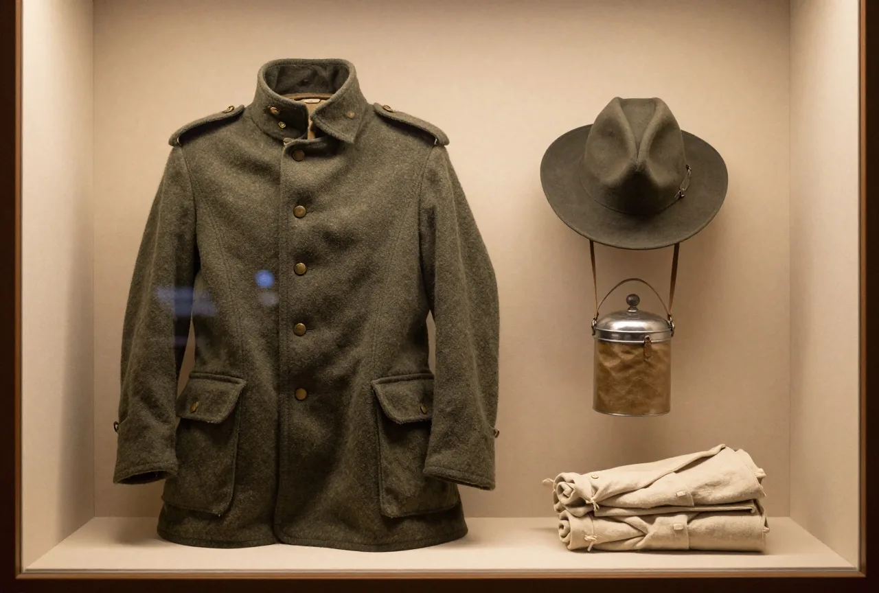 Museumsvitrine mit einer olivbraunen Uniformjacke der US-Armee aus dem Ersten Weltkrieg, einem breitkrempigen Feldhut, einer Feldflasche und Wickelgamaschen auf hellem Leinen
