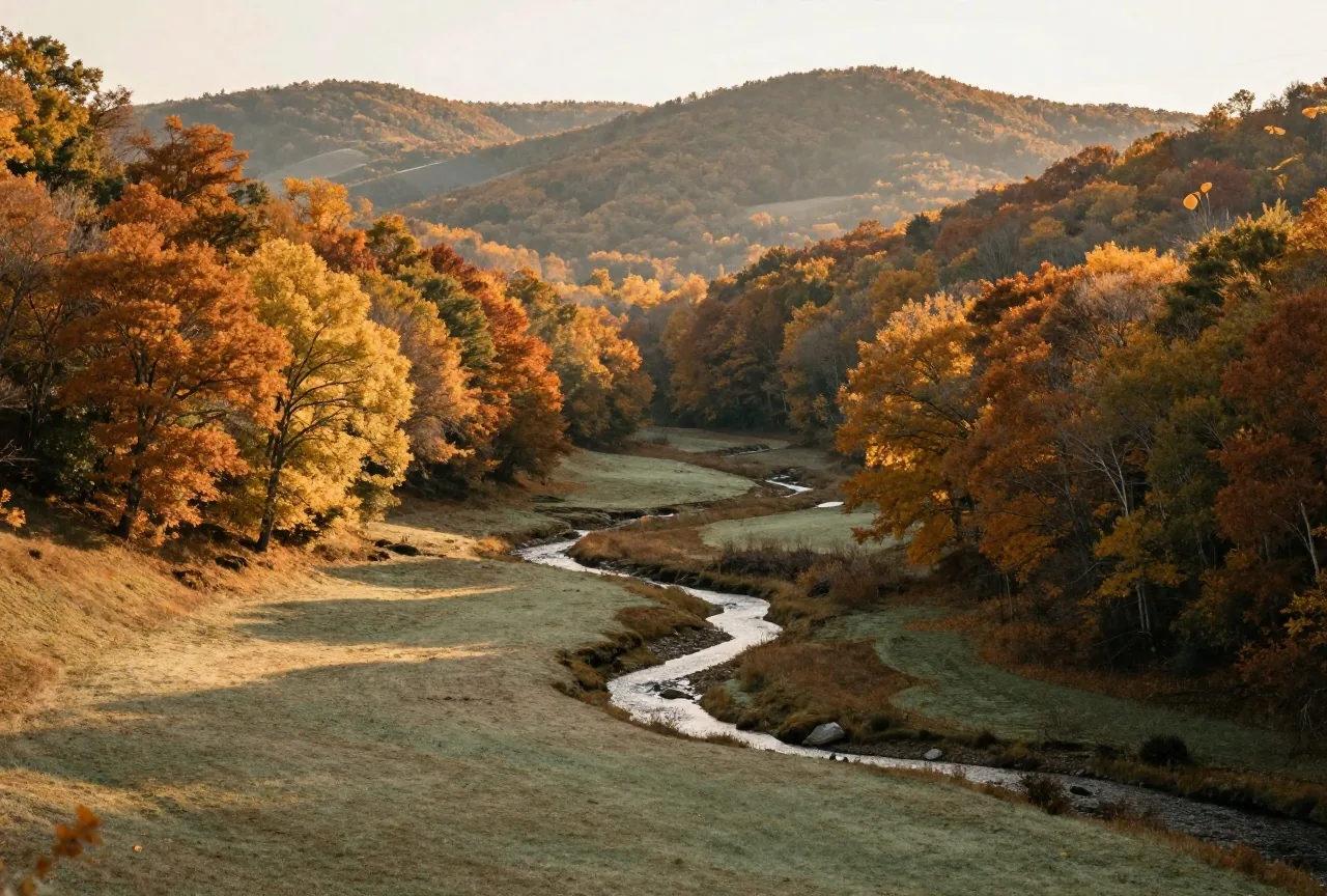 Bewaldete Hügel über einem Bachtal in Zentral-New-York im Herbst, Ahorn und Buchen in Rost- und Goldtönen, ein schmaler Bach zwischen Wiesen, warmes Licht der späten Nachmittagssonne