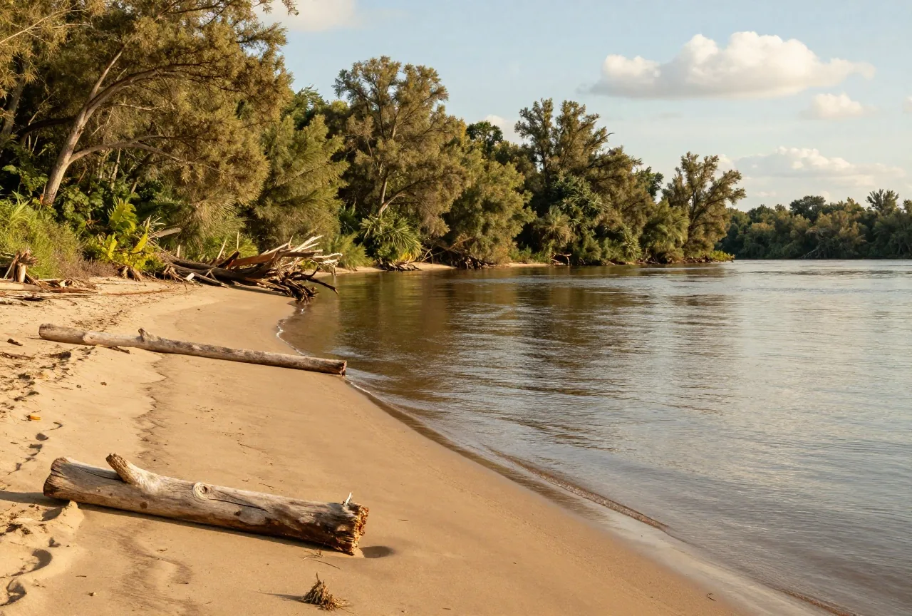 Breiter Mississippi mit Sandbänken und Treibholz vor dichtem Pappelwald am anderen Ufer im warmen Abendlicht