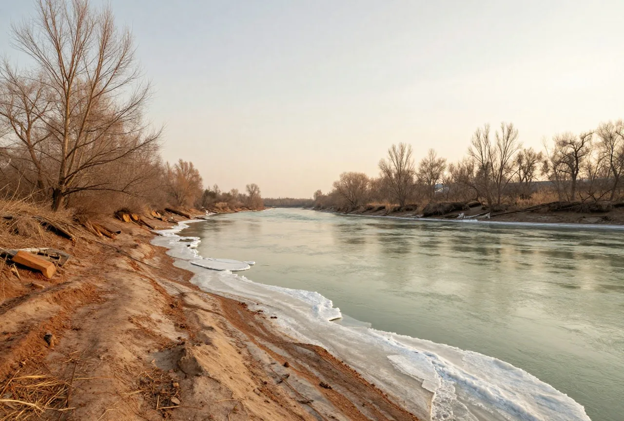 Breiter Fluss im Hochwinter mit treibenden Eisschollen, gefrorenem Uferschlamm und kahlen Platanen unter grauem Himmel