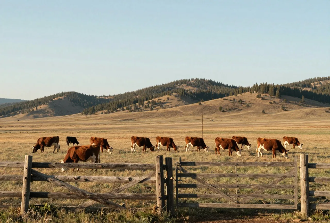 Rinderherde auf welligem Grasland unter weitem Himmel in Montana, ein Holzzaun mit Gatter im Vordergrund, Hügel mit Kiefern in der Ferne, warme Erdtöne im Licht der späten Nachmittagssonne