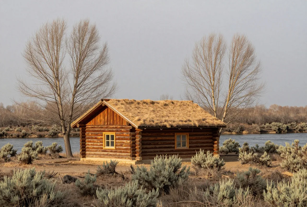 Kleine Blockhütte mit Grasdach und Stall am Ufer eines Flusses, kahle Pappeln und Salbeibüsche, darüber ein grauer Frühlingshimmel mit einzelnen Schneeflocken