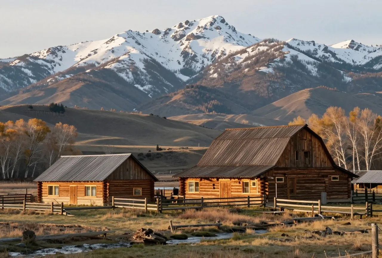 Ranchhaus aus Holz und ein großer Blockstall in hügeligem Grasland vor den schneebedeckten Bighorn Mountains, Pappeln an einem Bach im späten Nachmittagslicht