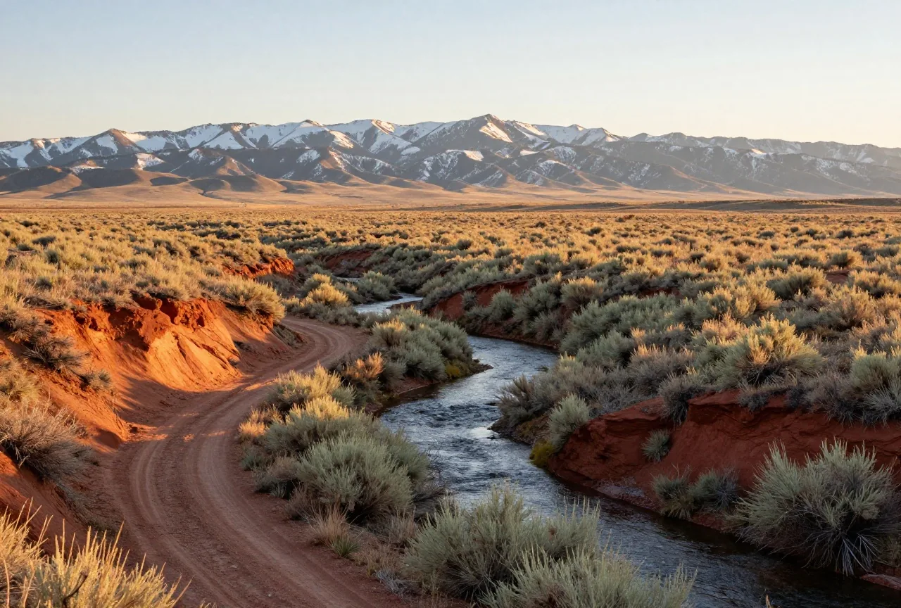 Salbeiland am Bach in Wyoming mit roten Lehmhängen und einem schmalen Erdweg, in der Ferne die schneebedeckten Bighorn Mountains im goldenen Licht des späten Nachmittags