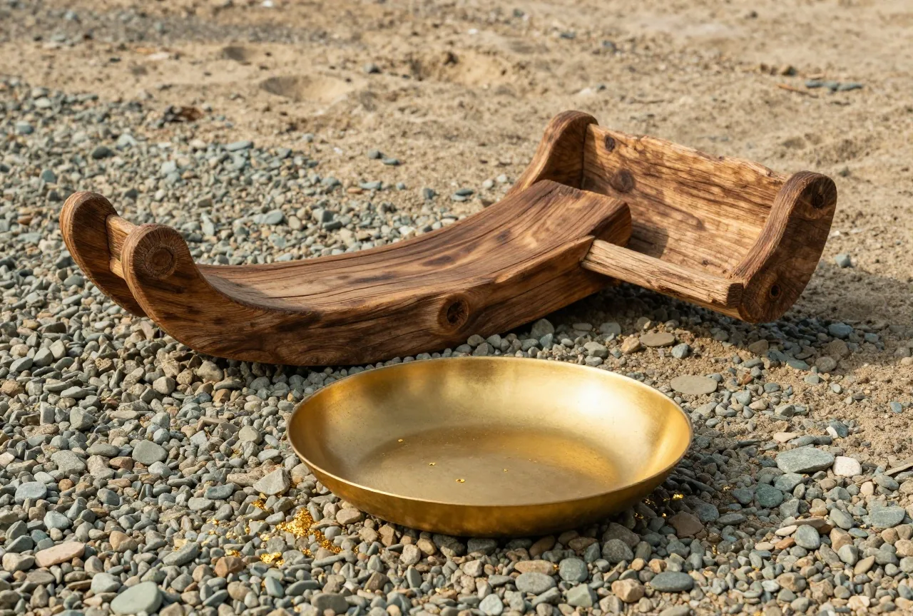Flache Goldwaschpfanne aus Eisen mit nassem Kies und wenigen Goldflittern auf flachen Flusssteinen, daneben eine hölzerne Schüttelwiege, warmes Seitenlicht