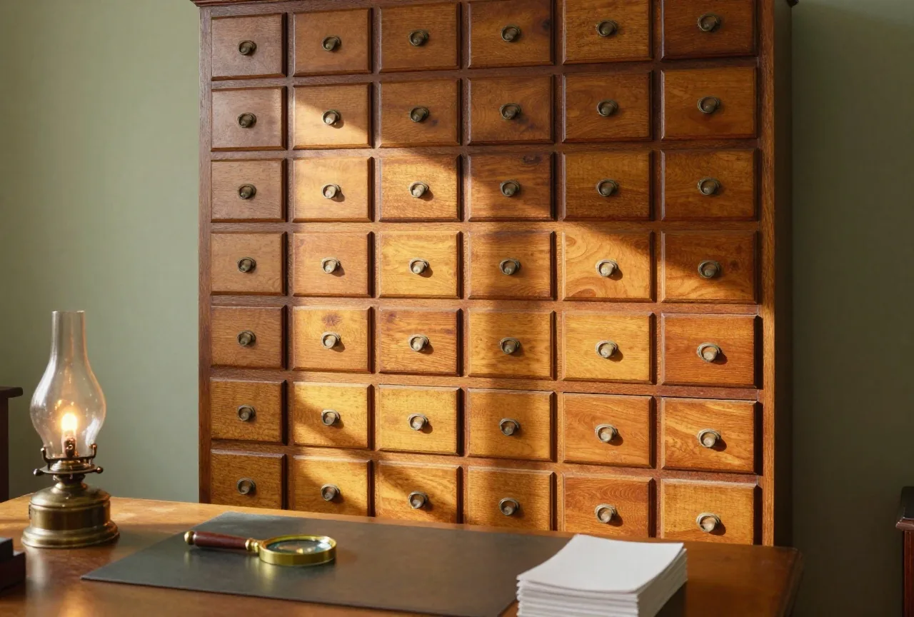 Holzschrank mit vielen kleinen Schubladen, daneben ein Schreibtisch mit Öllampe, Lupe und leeren Karteikarten in einem dämmrigen Büro