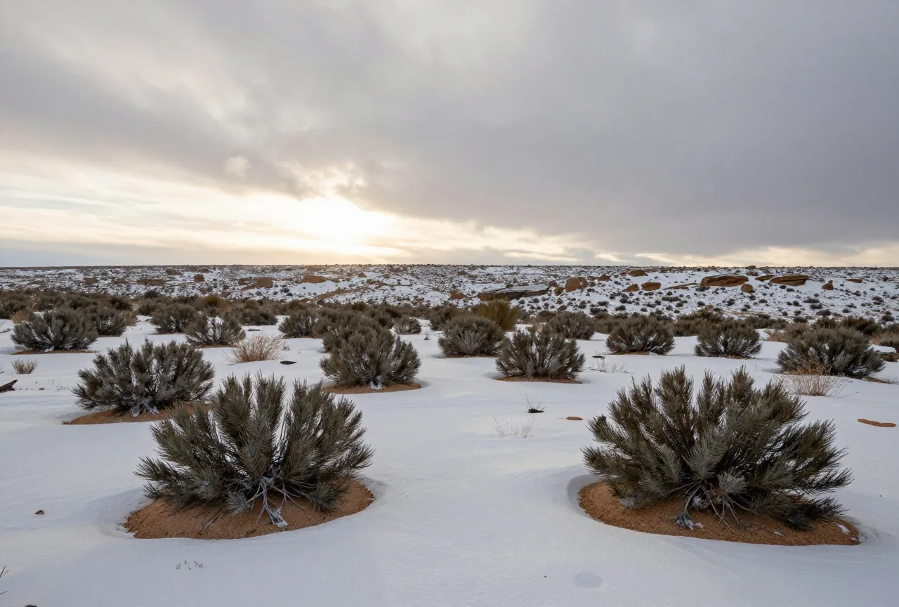 Verschneite Hochebene mit Wacholderbüschen und dunklen Felsrücken unter grauem Winterhimmel, die Sonne bricht tief am Horizont durch