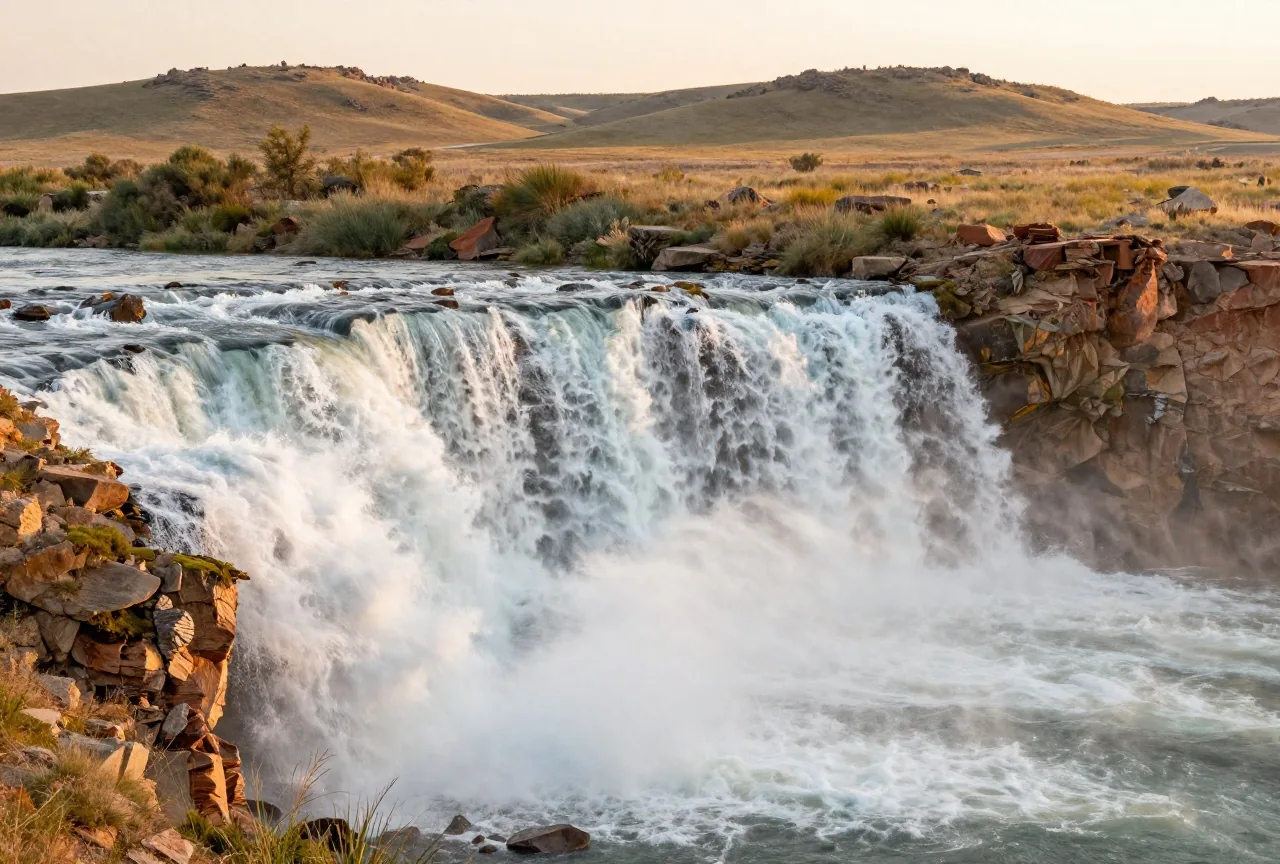 Breiter Wasserfall eines Flusses über eine Felsstufe in offener Graslandschaft, Gischt steigt im Licht der späten Nachmittagssonne auf