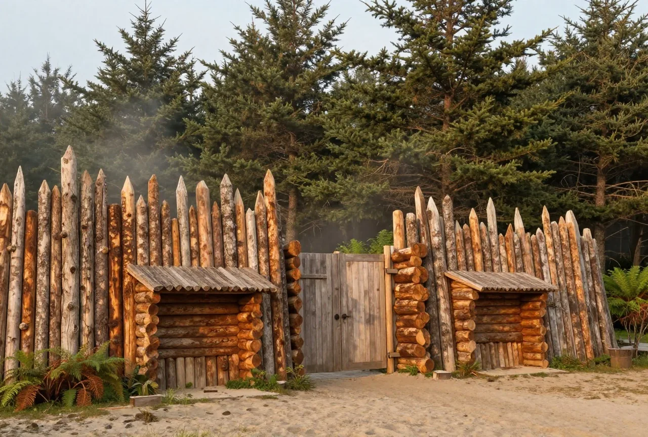 Palisade und niedrige Blockhütten aus dunklem Rundholz auf einer Lichtung im nassen Küstenwald mit Farnen und hohen Fichten, feuchter Dunst im Nachmittagslicht