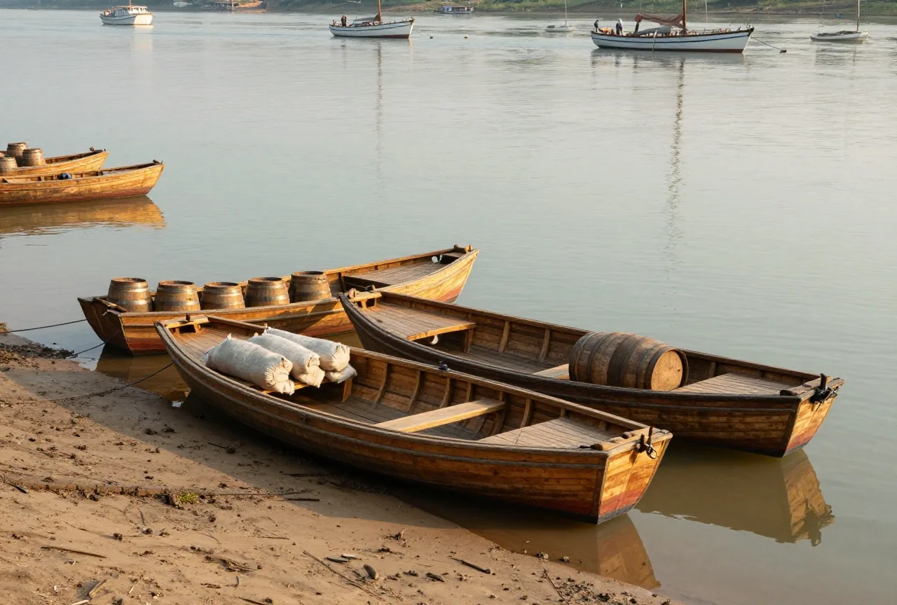 Hölzerne Kielboote mit Fässern und Säcken am schlammigen Ufer eines breiten Stroms, weiter draußen ankern Segelschiffe, warmes Abendlicht