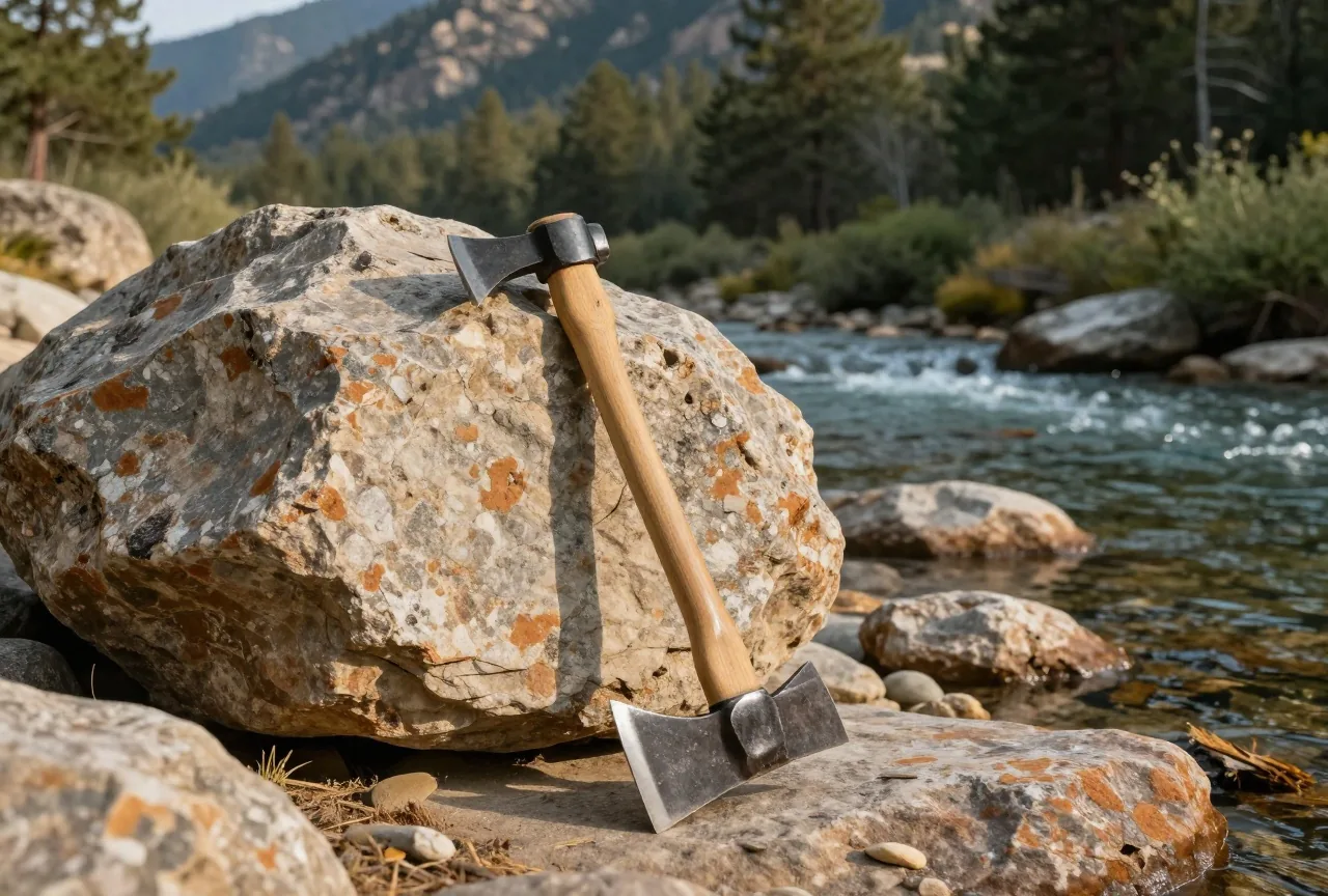 Eine Spitzhacke mit Holzstiel lehnt an einem Granitblock am steinigen Ufer eines klaren Flusses in den bewaldeten Bergen der Sierra Nevada im Nachmittagslicht