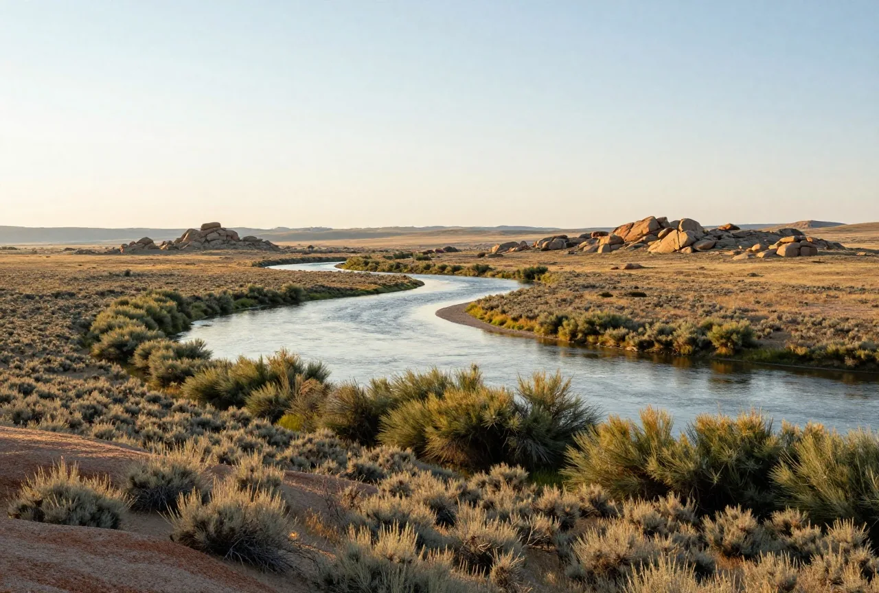 Weite Flussebene in Zentral-Wyoming mit Beifuß, Weidengebüsch am Ufer und abgerundeten Granitfelsen unter einem großen Himmel im späten Nachmittagslicht