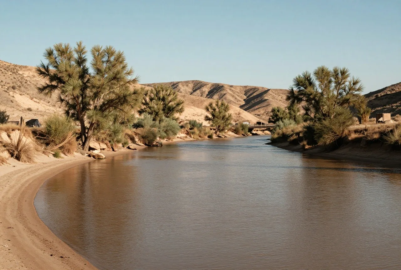 Weite Flussbiegung des Rio Grande mit Pappeln am sandigen Ufer und trockenen Hügeln unter klarem Himmel am späten Nachmittag