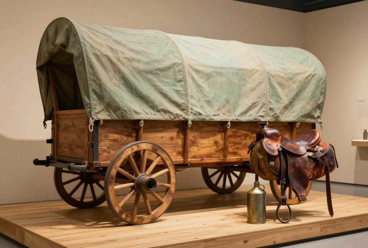 Hölzerner Planwagen mit Leinwandplane und ein abgenutzter Armeesattel auf einer Holzplattform in einem Museum, warmes Seitenlicht