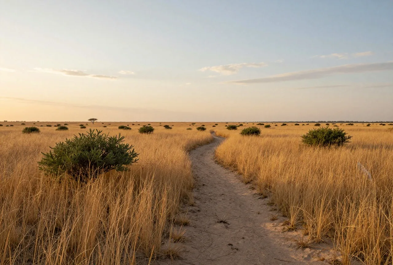Weite Ebene mit hüfthohem Gras und niedrigen Büschen, ein schmaler Sandweg führt zum Horizont, Abendlicht