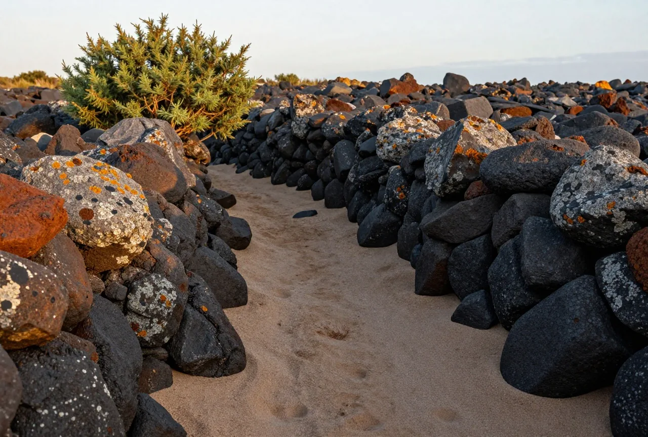 Enger Graben in einem schwarzen Lavafeld mit niedrigen Steinmauern aus Lavabrocken, Flechten auf den Felsen und ein einzelner Wacholder im Spätnachmittagslicht