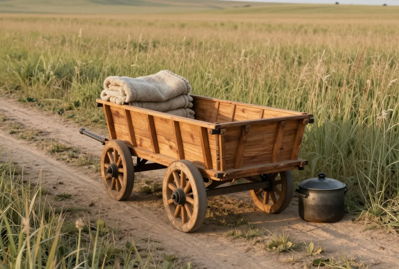 Leerer hölzerner Handkarren mit zwei großen Speichenrädern auf einem Präriepfad, daneben ein Bündel Decken und ein Kochtopf, ohne Menschen, Gras im warmen Abendlicht
