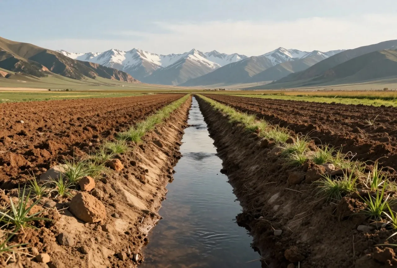 Schmaler Bewässerungsgraben mit klarem Wasser zwischen frisch gepflügtem dunklem Boden und jungen grünen Trieben, dahinter ein weites Tal mit schneebedeckten Bergen, ohne Menschen, warmes Nachmittagslicht