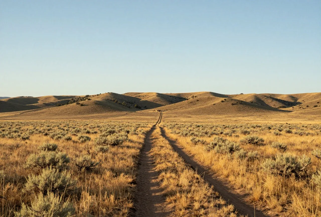 Schwache Spur eines alten Wagenwegs durch Beifußsteppe und trockenes Gras, im Hintergrund niedrige Berge mit Wacholder im Nachmittagslicht