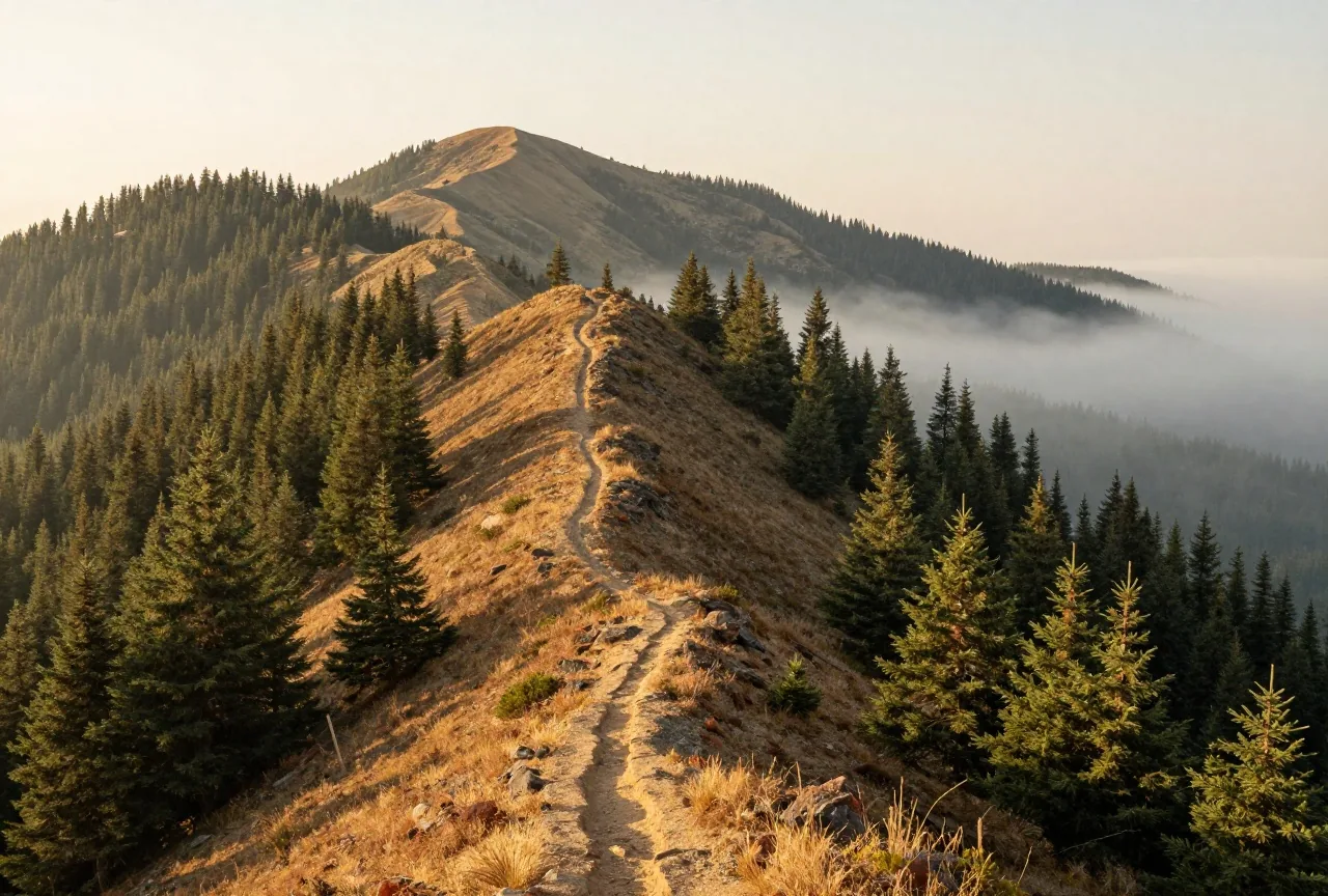 Bewaldete Bergrücken der Bitterroot Mountains mit dichten Nadelwäldern, Nebel in den Tälern und einem schmalen Pfad am Kamm im späten Nachmittagslicht