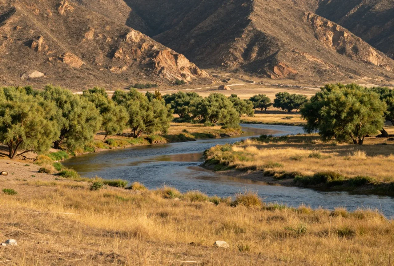 Weite Bergwiese mit einem gewundenen Fluss, Weidengebüsch am Ufer und bewaldeten Hängen dahinter, Spätsommer, ruhiges goldenes Abendlicht