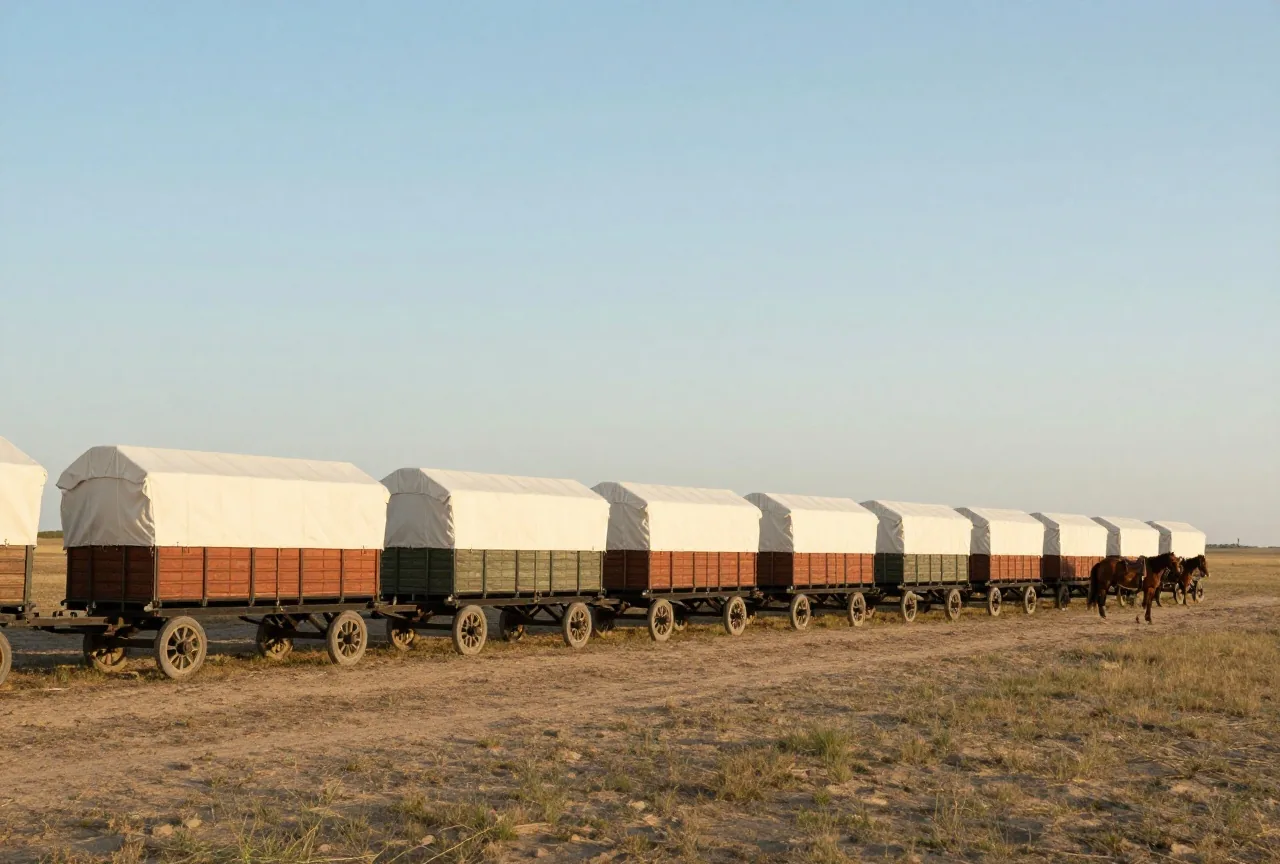 Lange Reihe leerer Planwagen mit weißen Planen am Rand der offenen Prärie, aus der Ferne gesehen, Pferde an den Rädern angebunden, Frühlingshimmel