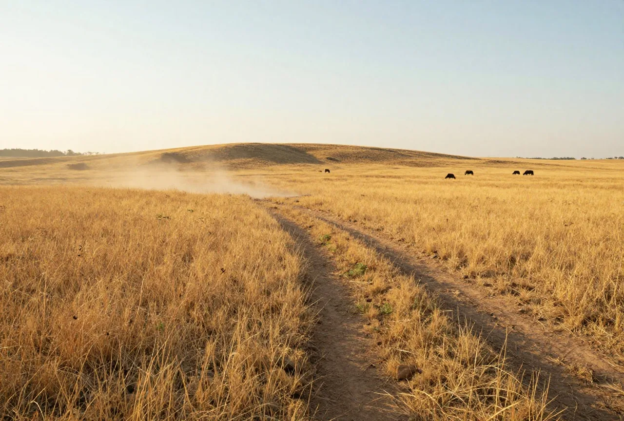 Trockenes goldenes Grasland in Nordoklahoma im Spätsommer, eine staubige Wagenspur zieht über die Ebene zu einem flachen Höhenzug, in der Ferne grasende Rinder, flimmernde Hitze am Himmel