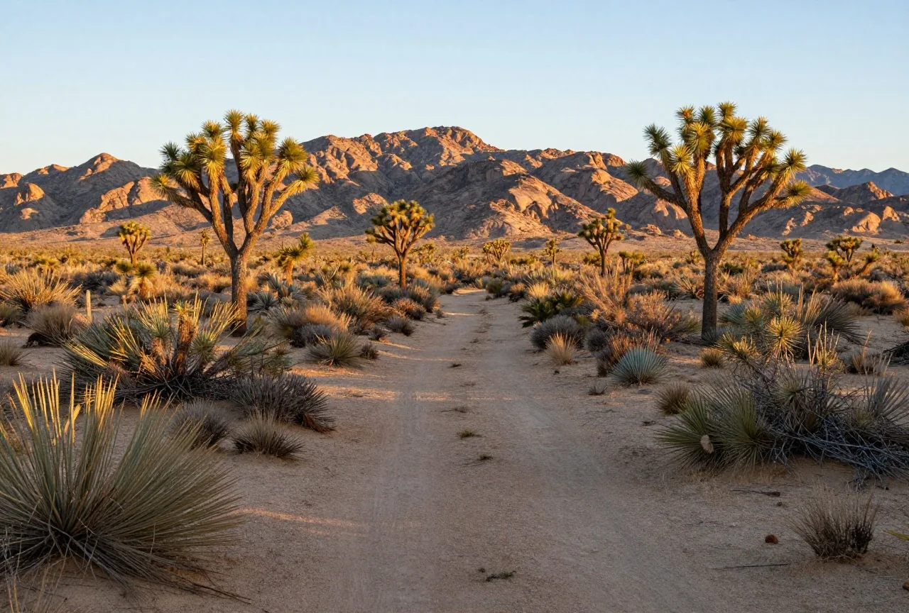 Schwache alte Wegspur zwischen Kreosotbüschen und Josua-Palmlilien in der Mojave-Wüste, dahinter Berge im Abendlicht