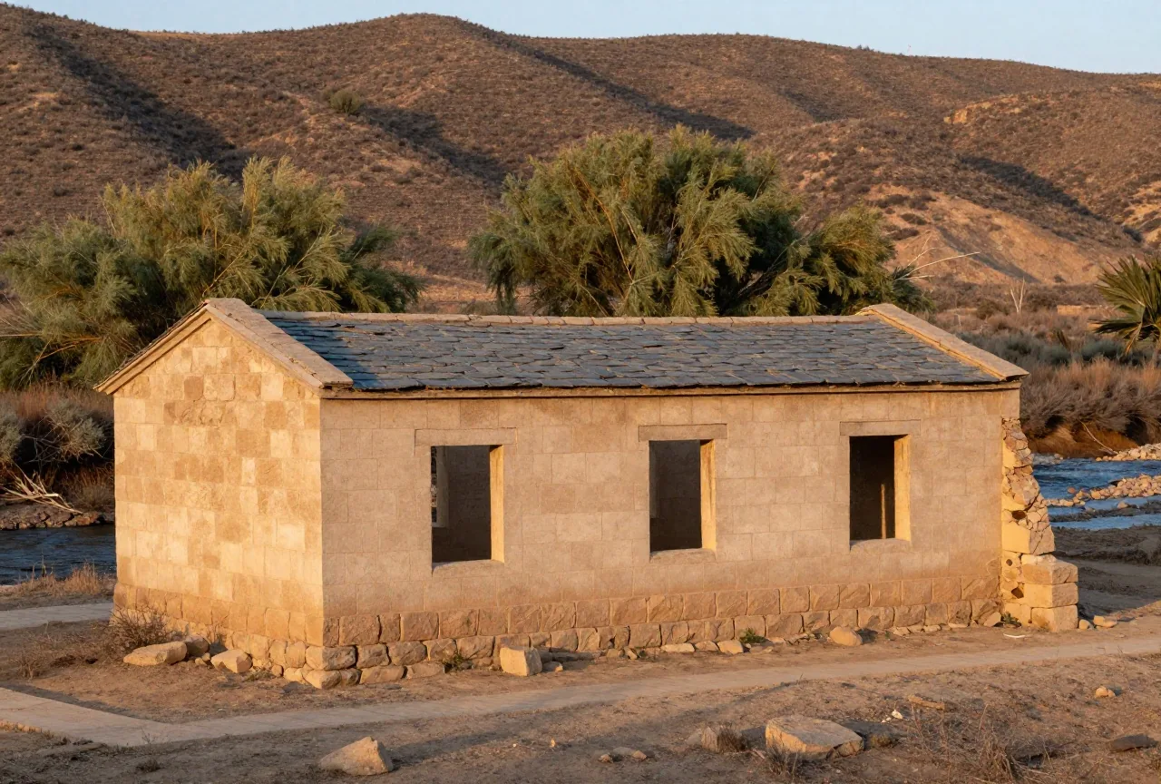 Niedrige Mauern aus hellem Sandstein einer verlassenen Station mit leeren Fensteröffnungen am Rand eines Bachbetts mit Weiden, dahinter kahle Hügel im Abendlicht