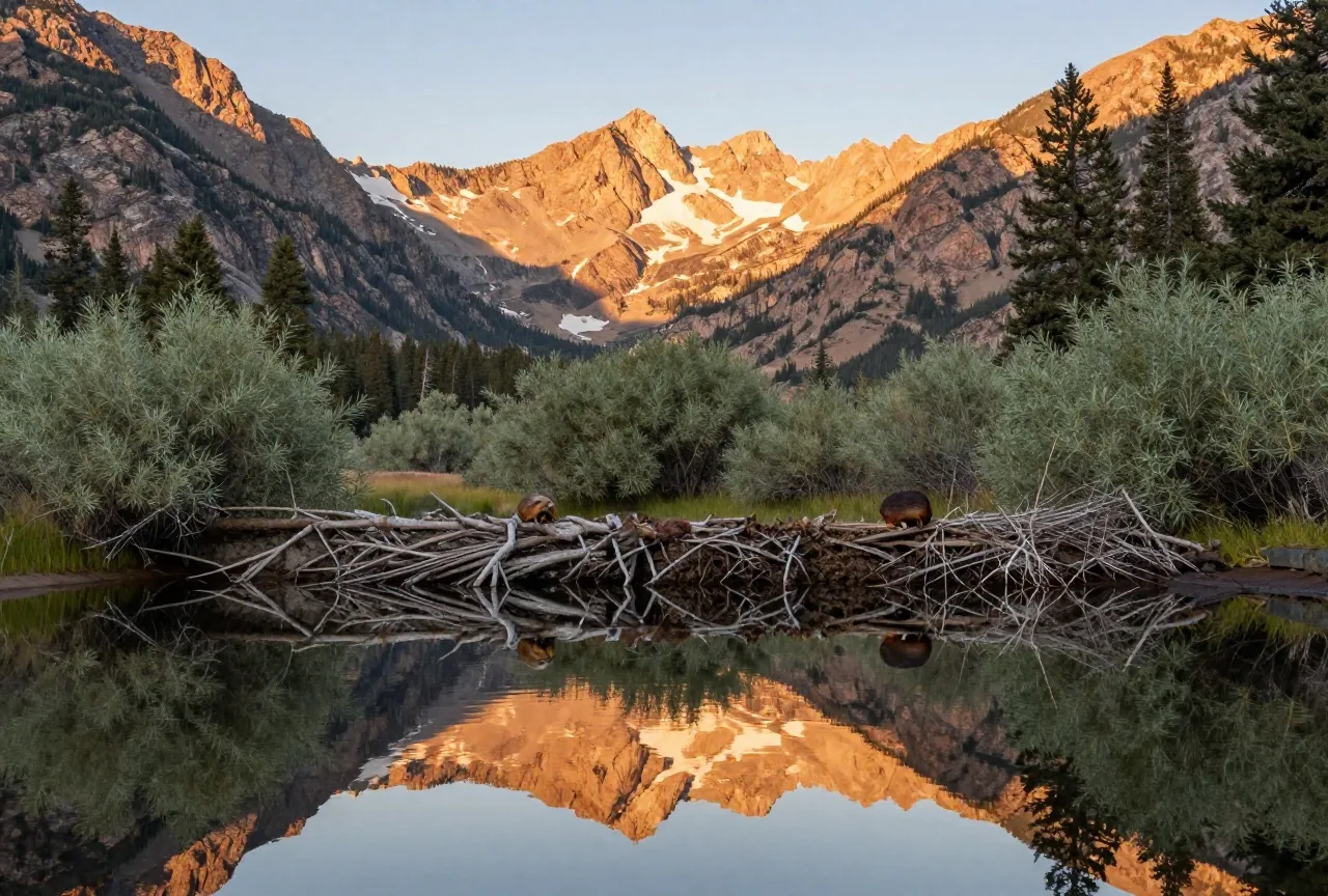 Ruhiger Biberteich mit einem Damm aus Ästen und Schlamm zwischen Weiden und Nadelbäumen in einem Hochtal der Rocky Mountains, späte Nachmittagssonne auf den Bergen