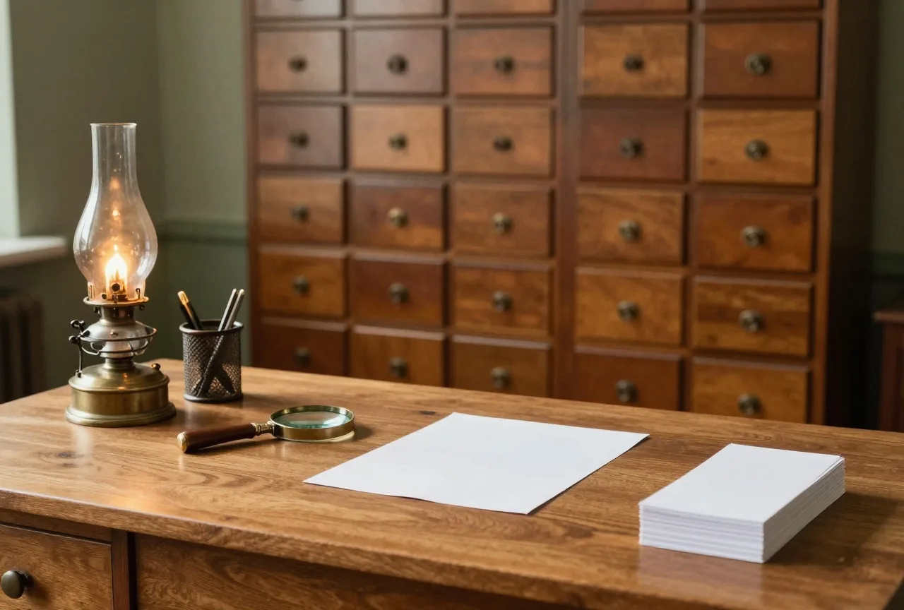 Hölzerner Schreibtisch mit Öllampe, Lupe, Federhalter und einem Stapel leerer Karteikarten vor einem Schrank mit vielen kleinen Schubladen im warmen Lampenlicht