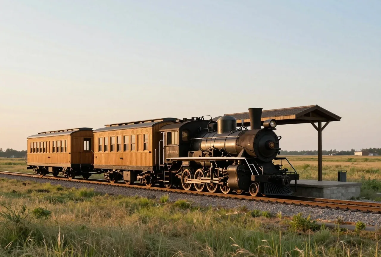 Dampflokomotive mit hölzernem Expresswagen an einem kleinen Bahnhof in der Prärie, daneben ein leerer Gepäckkarren, Abendlicht über weitem Grasland