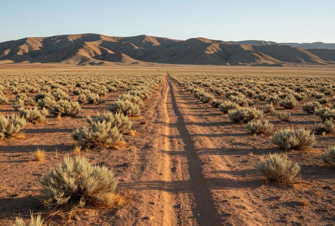 Weite Wüstenebene mit Salbeibüschen und einer schwachen Wegspur, niedrige kahle Bergketten am Horizont im späten Nachmittagslicht