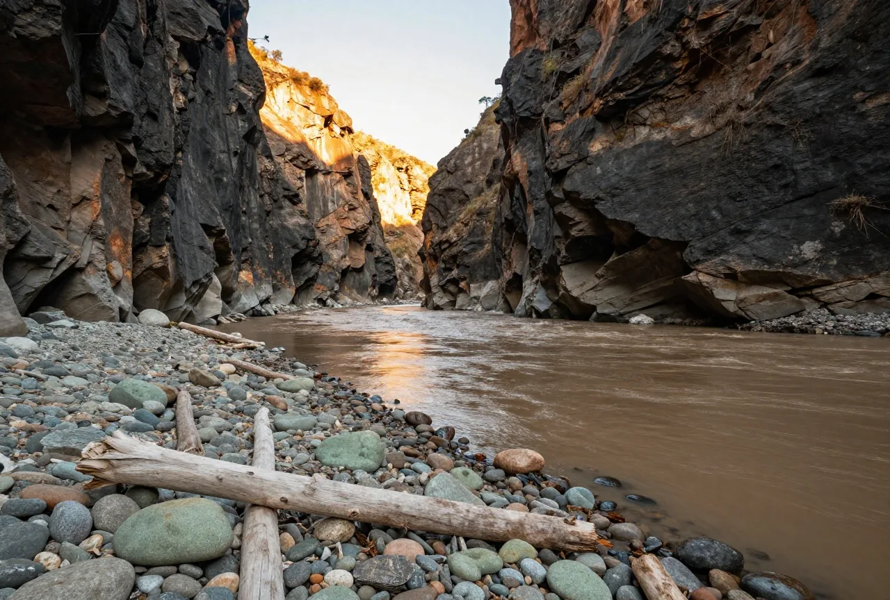 Mündung einer schmalen Seitenschlucht mit fast schwarzen Felswänden am Ufer eines breiten braunen Flusses, Geröll und Treibholz am Strand, Licht der tief stehenden Sonne